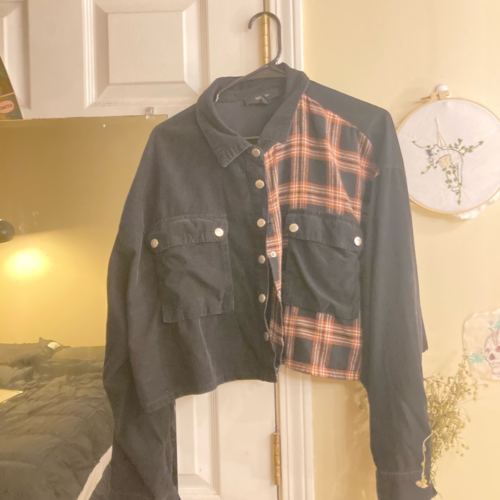 Forever 21 Black and Orange Plaid Jean Jacket
